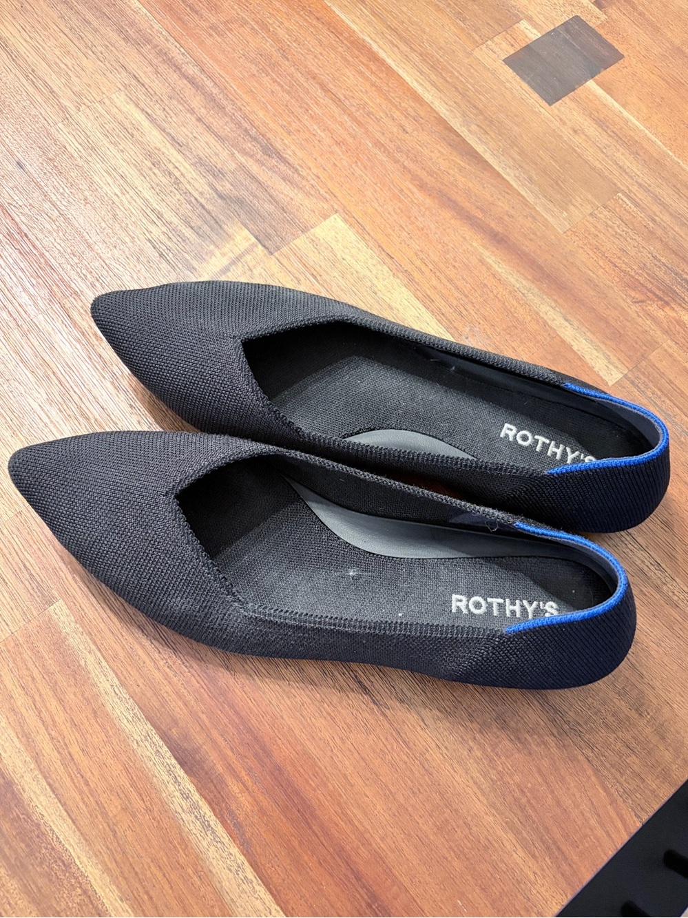 Rothy's Black Pointed Knit Flats with Blue Trim